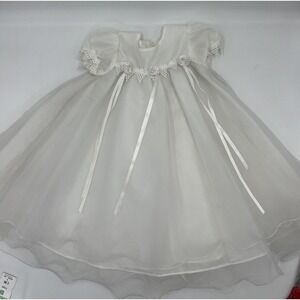 3 Piece Christening Baptismal Gown Sheer Embroidered Hat Dress Bib Cross On Bib